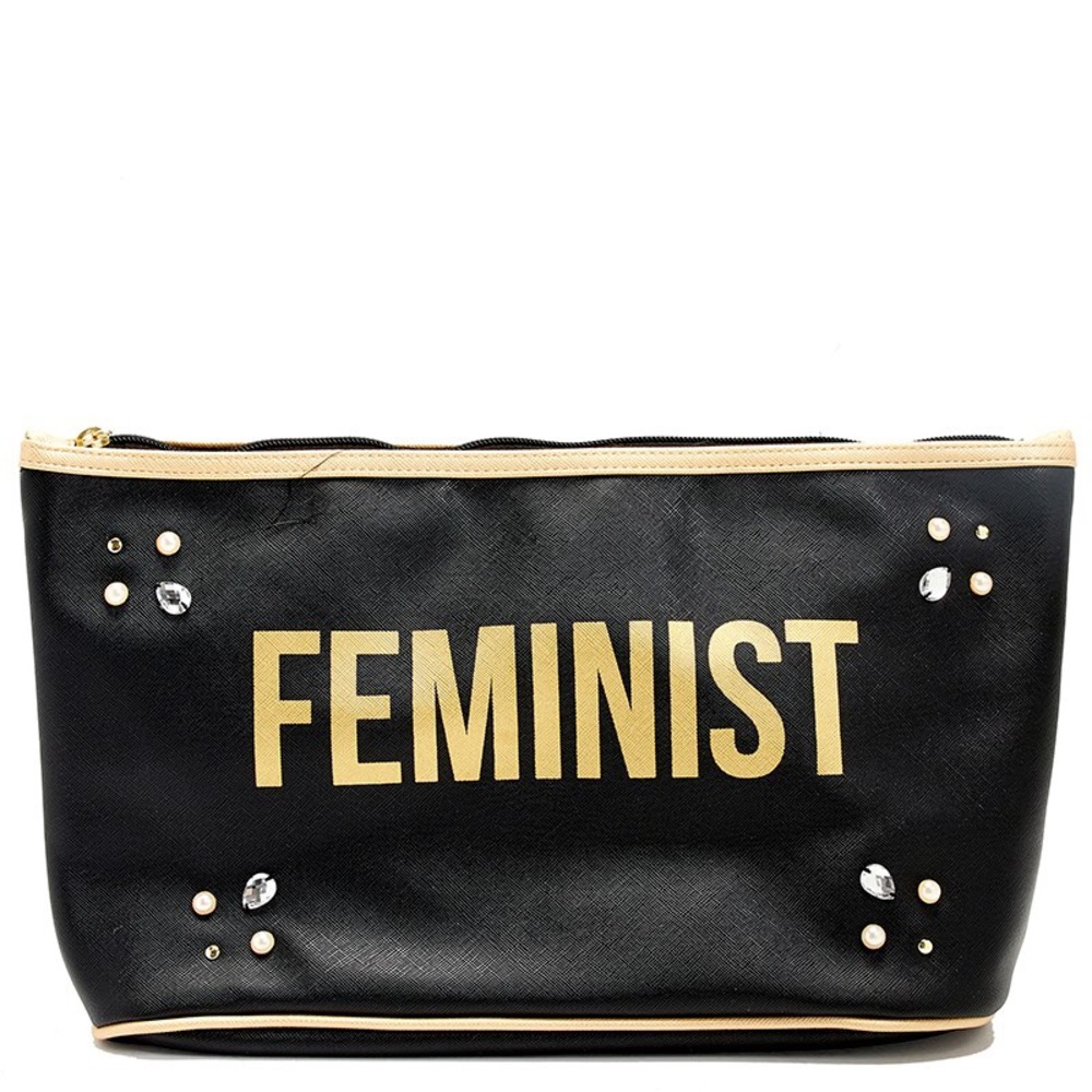 “Feminist” faux pearl and crystal makeup bag